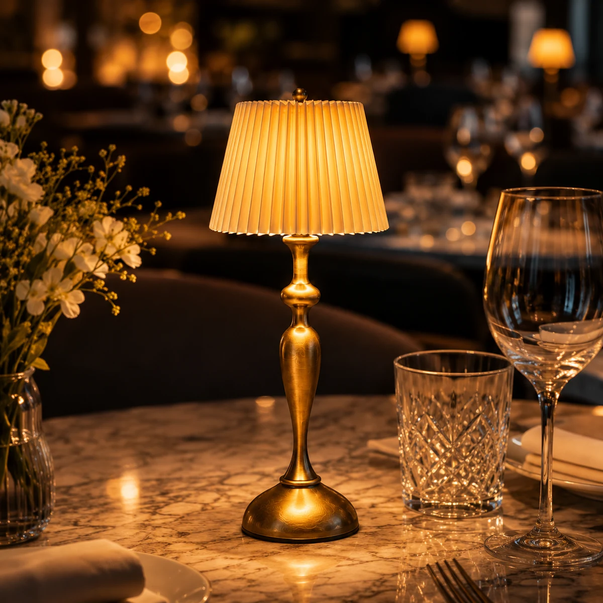 Emmson Aura Grace cordless table lamp with pleated fabric shade and antique gold finish Emmson Aura Grace cordless table lamp with pleated fabric shade and antique gold finish