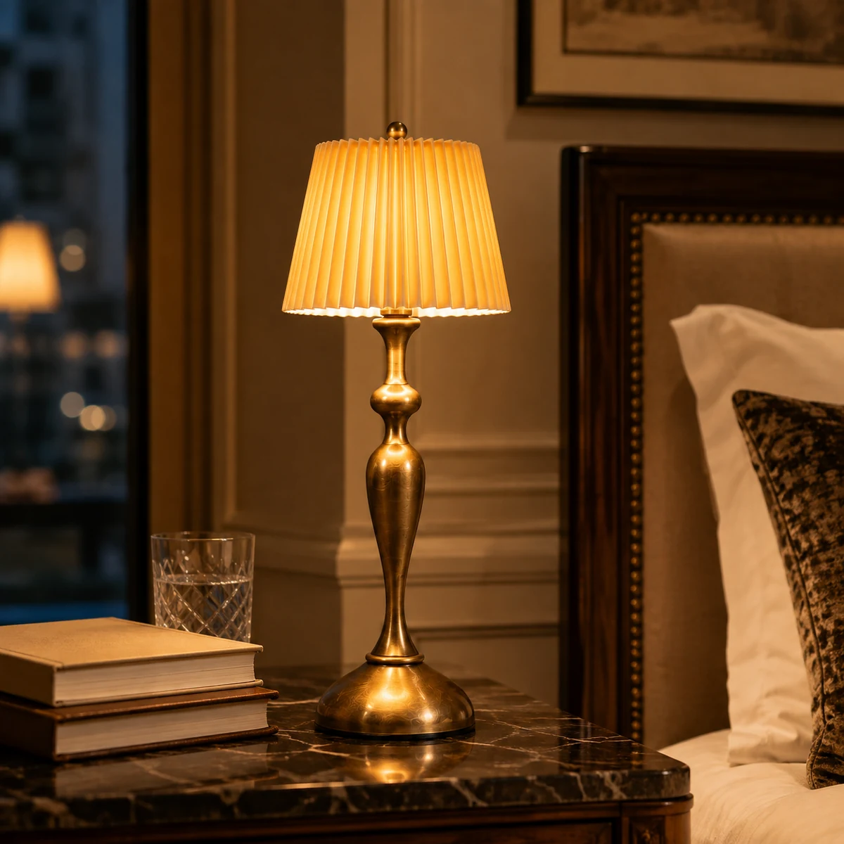 Emmson Aura Grace cordless table lamp with pleated fabric shade and antique gold finish Emmson Aura Grace cordless table lamp with pleated fabric shade and antique gold finish