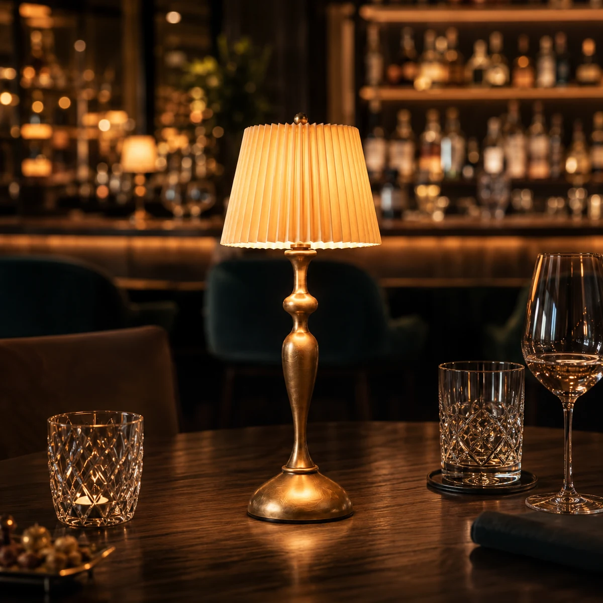Emmson Aura Grace cordless table lamp with pleated fabric shade and antique gold finish Emmson Aura Grace cordless table lamp with pleated fabric shade and antique gold finish