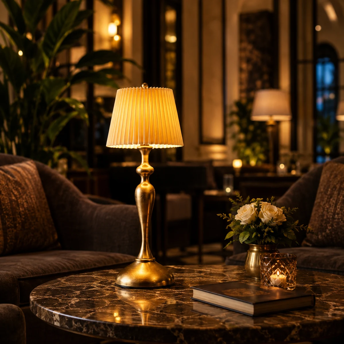 Emmson Aura Grace cordless table lamp with pleated fabric shade and antique gold finish Emmson Aura Grace cordless table lamp with pleated fabric shade and antique gold finish