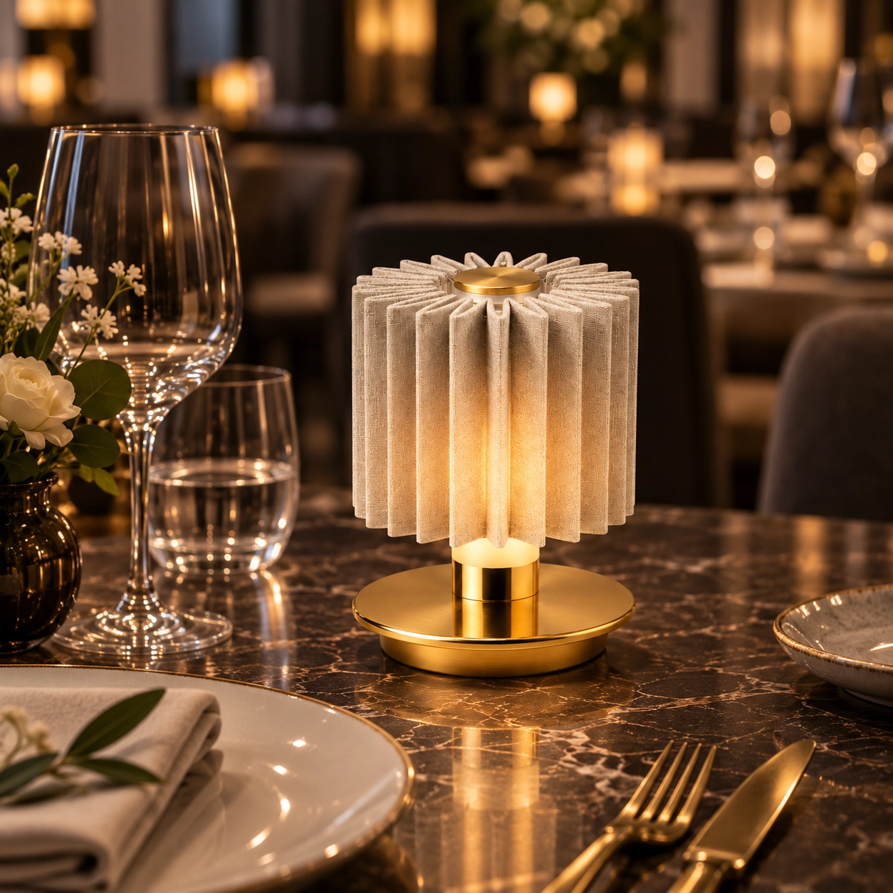 Velora cordless table lamp with pleated fabric shade and gold aluminum base Velora cordless table lamp with pleated fabric shade and gold aluminum base