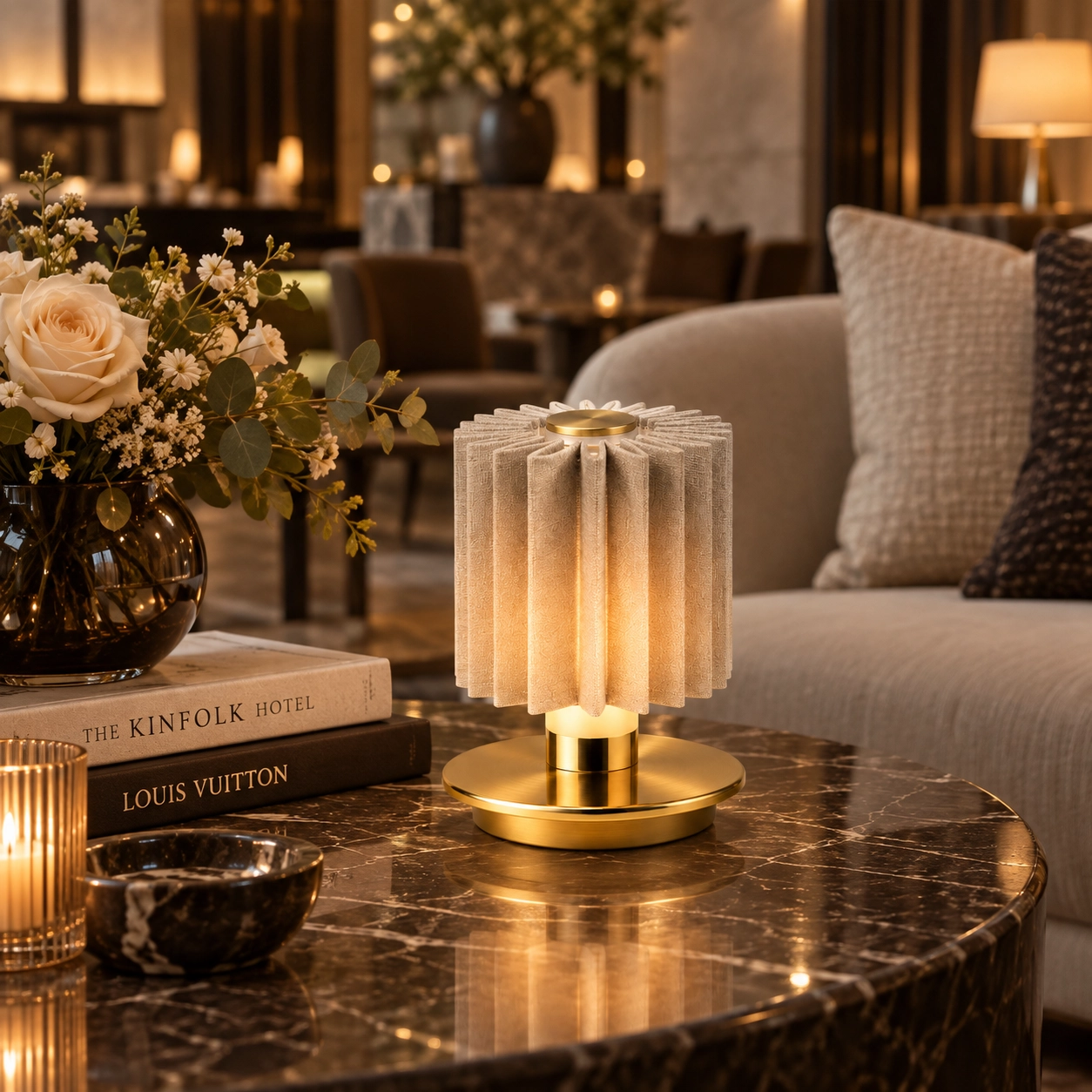 Velora cordless table lamp with pleated fabric shade and gold aluminum base Velora cordless table lamp with pleated fabric shade and gold aluminum base