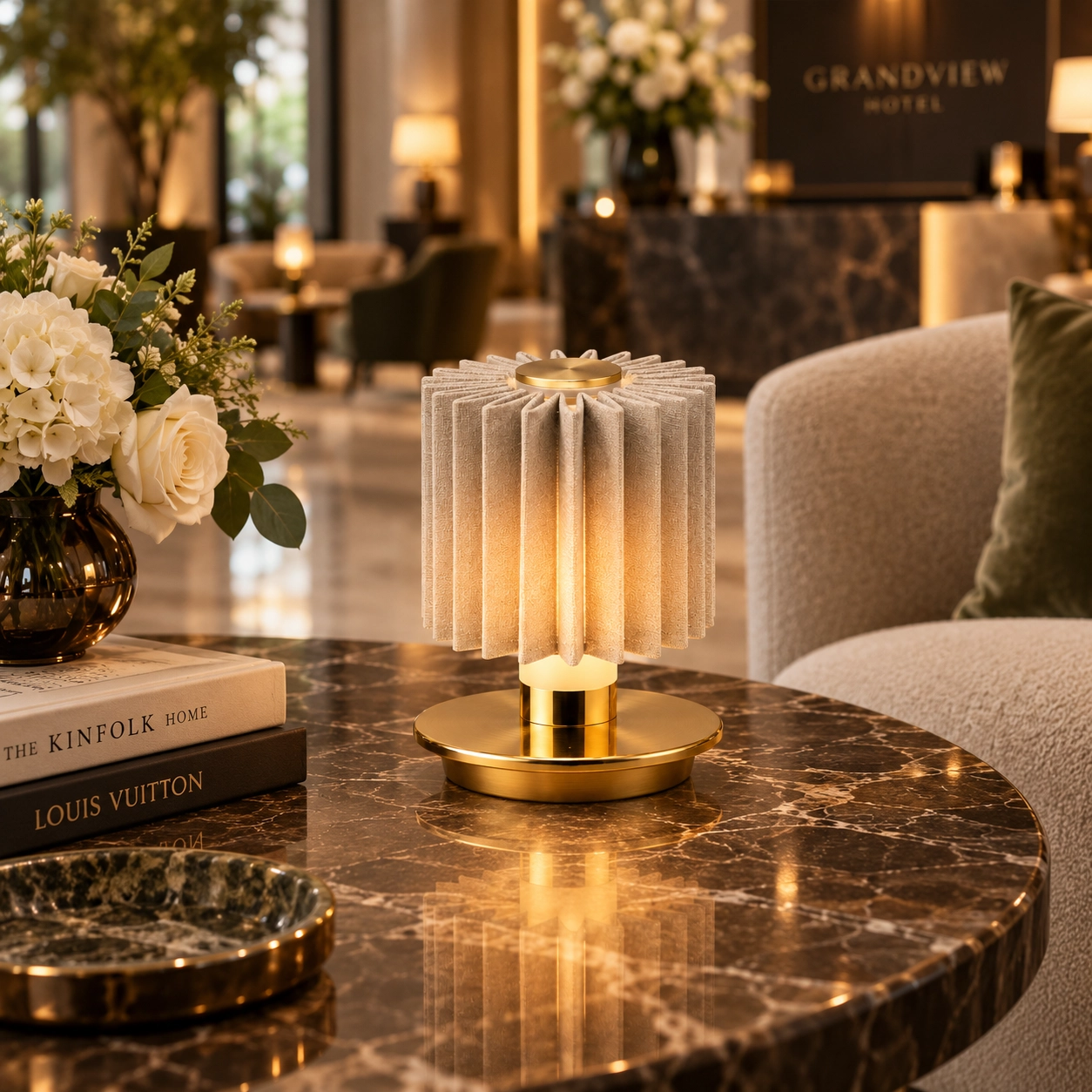 Velora cordless table lamp with pleated fabric shade and gold aluminum base Velora cordless table lamp with pleated fabric shade and gold aluminum base