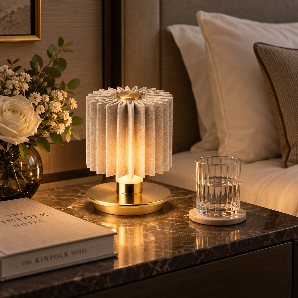 Velora cordless table lamp with pleated fabric shade and gold aluminum base Velora cordless table lamp with pleated fabric shade and gold aluminum base