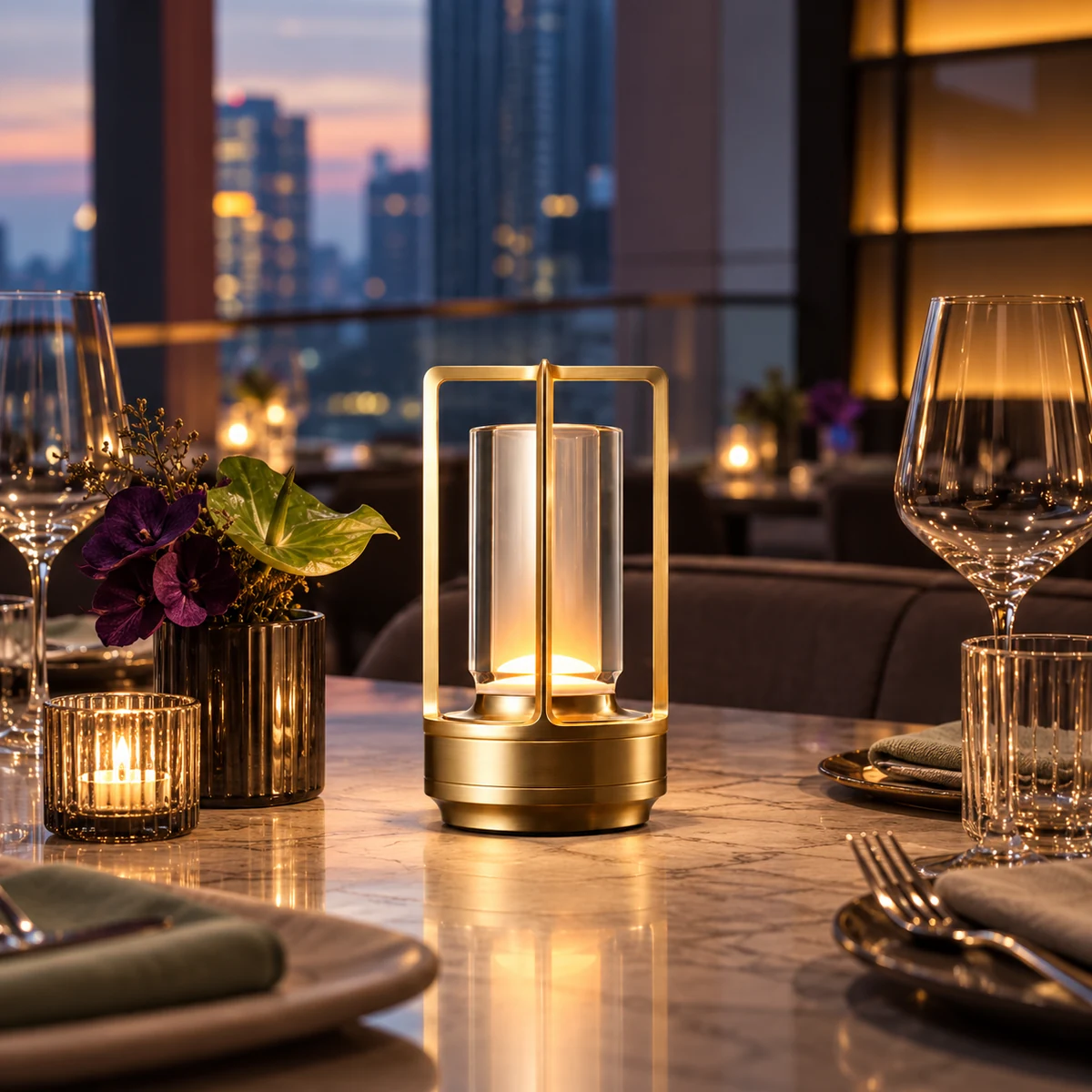 emmson-turn-plus-cordless-table-lamp-restaurant-dining.webp Turn Plus cordless table lamp on luxury restaurant dining table