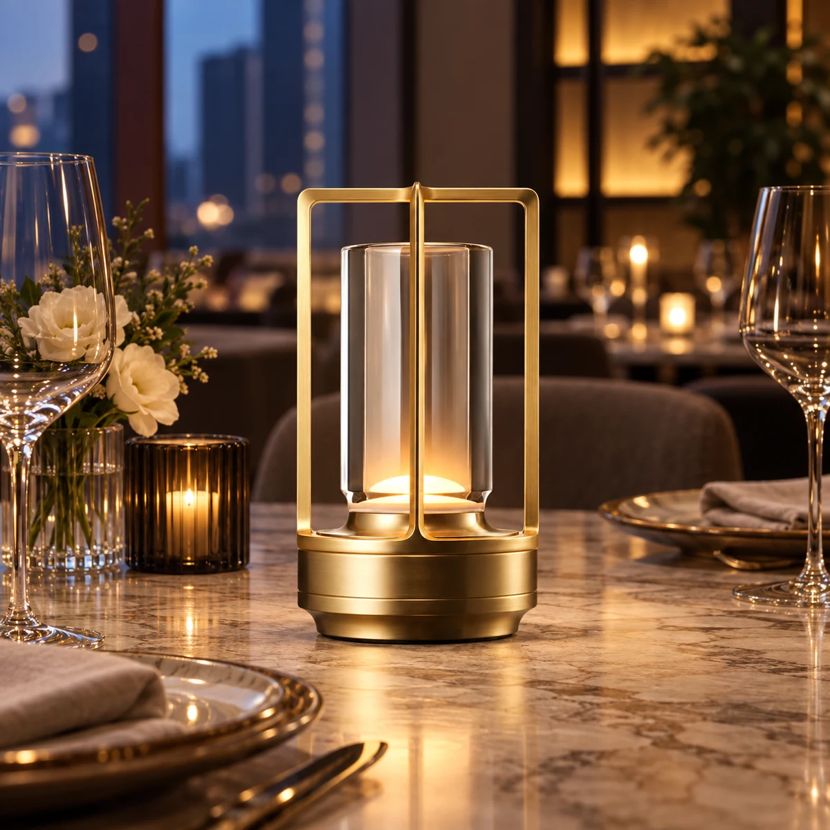 emmson-turn-plus-cordless-table-lamp-fine-dining.webp Turn Plus portable table lamp creating warm ambience in fine dining restaurant