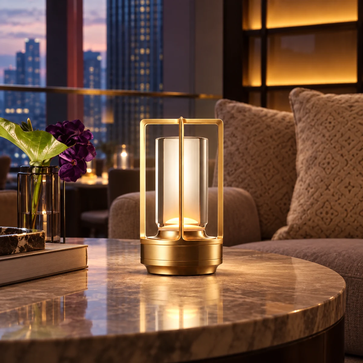 emmson-turn-plus-cordless-table-lamp-hotel-lounge.webp Turn Plus cordless table lamp in contemporary luxury hotel lounge