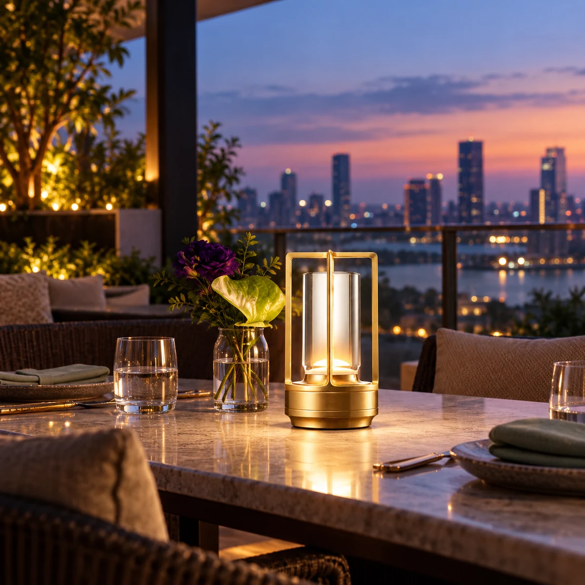 emmson-turn-plus-cordless-table-lamp-city-terrace.webp Turn Plus cordless table lamp in city-view hospitality dining setting