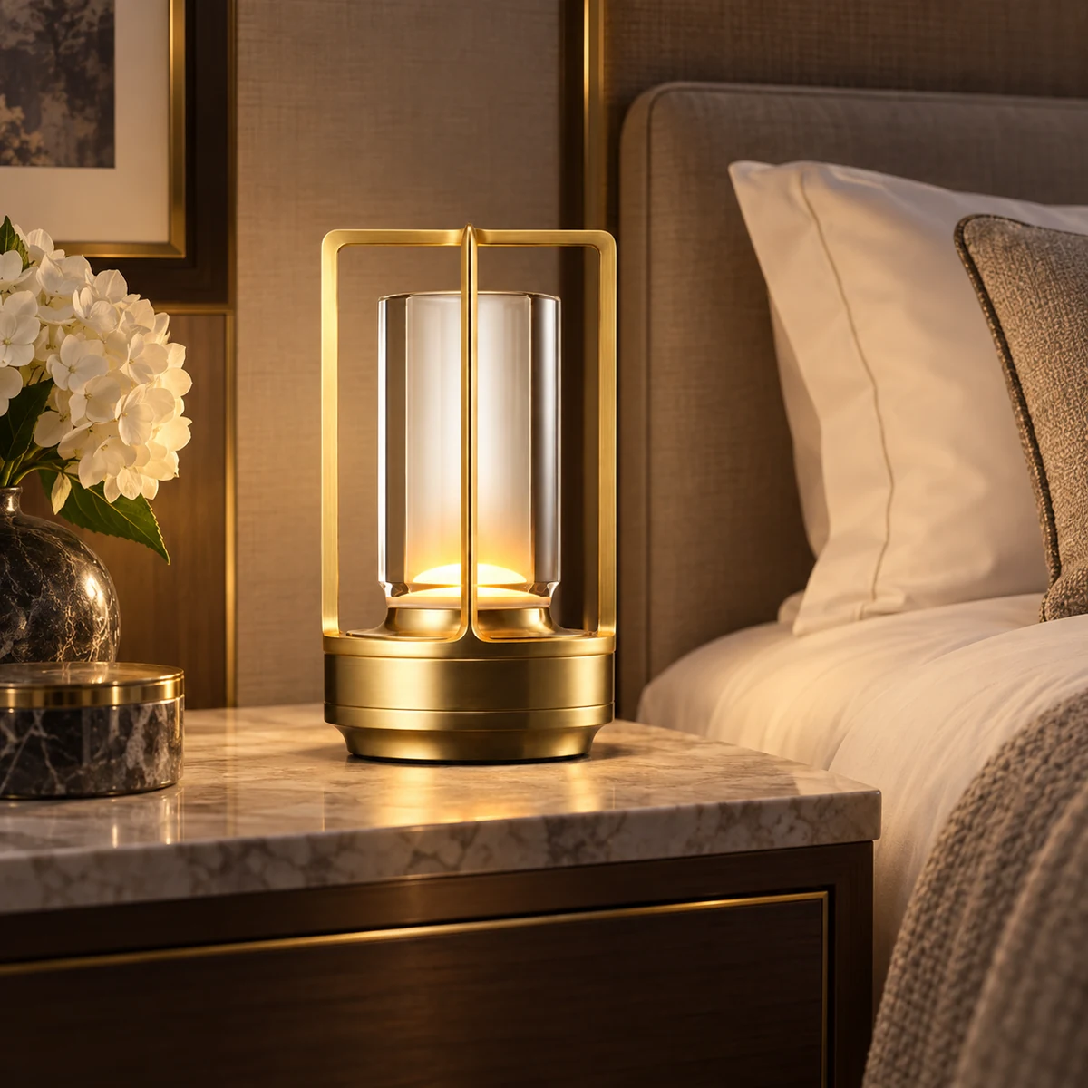 emmson-turn-plus-cordless-table-lamp-hotel-guestroom.webp Turn Plus cordless table lamp on bedside table in luxury hotel guestroom